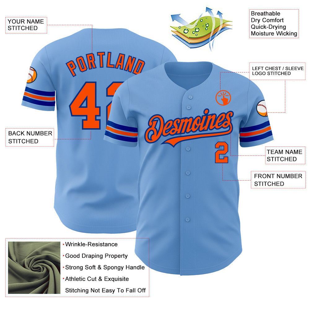 Custom Light Blue Orange-Royal Authentic Baseball Jersey baseball jersey product view 3