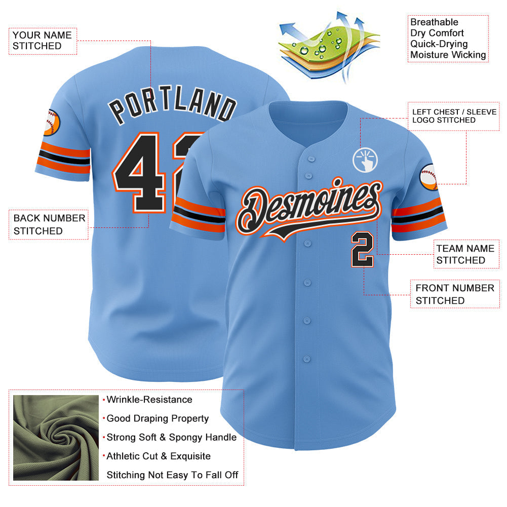 Custom Light Blue Black-Orange Authentic Baseball Jersey baseball jersey product view 3
