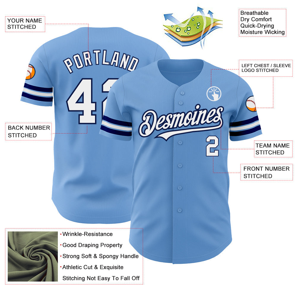 Custom Light Blue White-Navy Authentic Baseball Jersey baseball jersey product view 3