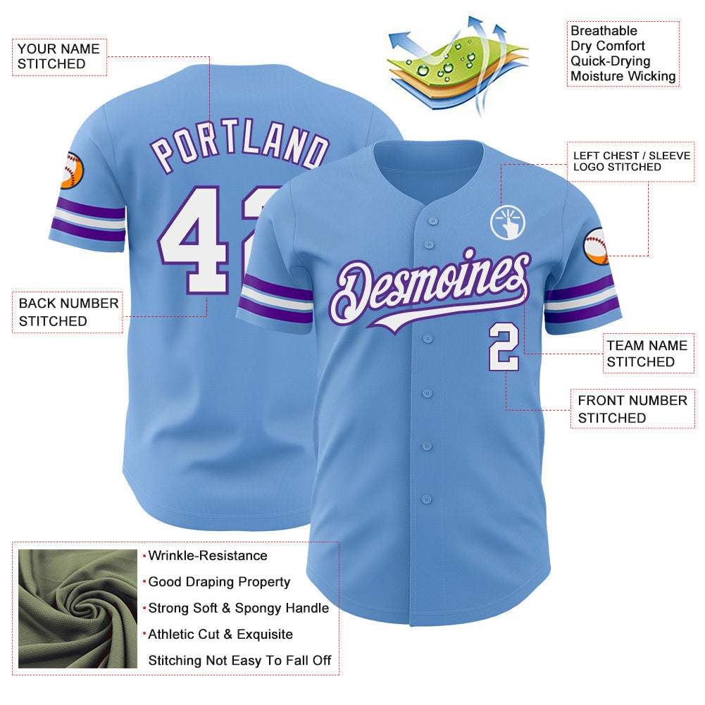 Custom Light Blue White-Purple Authentic Baseball Jersey baseball jersey product view 3