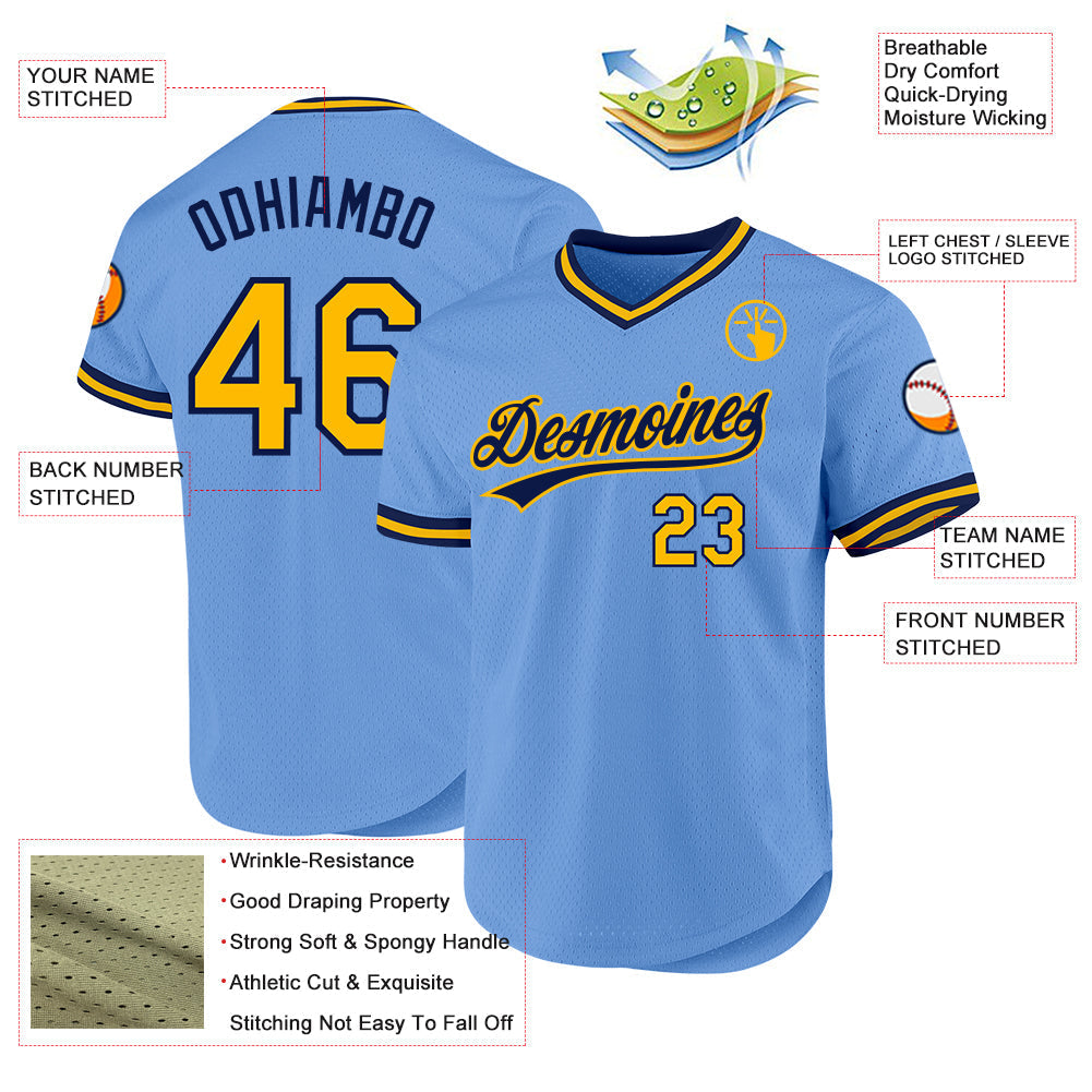 Custom Light Blue Gold-Navy Authentic Throwback Baseball Jersey baseball jersey product view 3