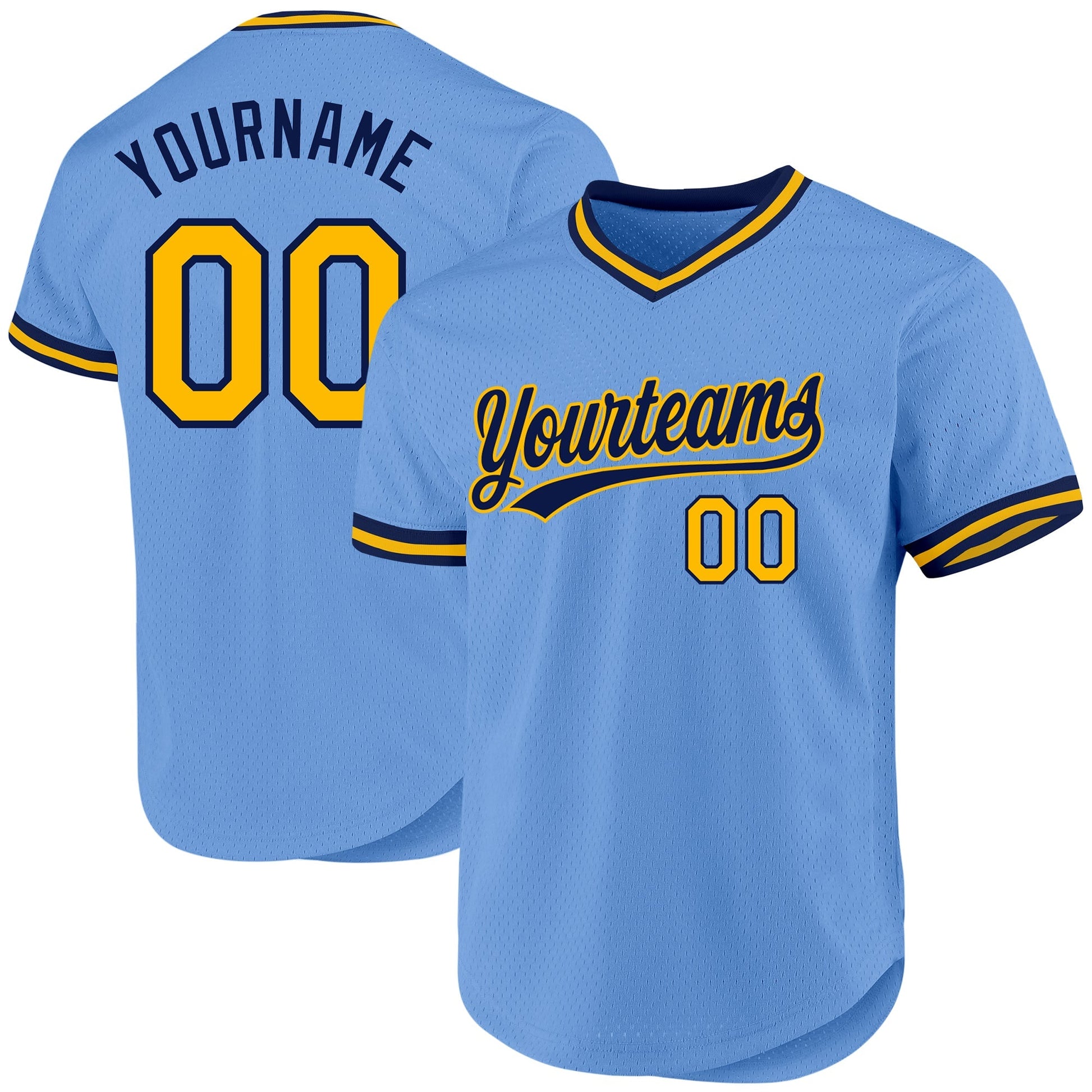 Custom Light Blue Gold-Navy Authentic Throwback Baseball Jersey baseball jersey product view 1