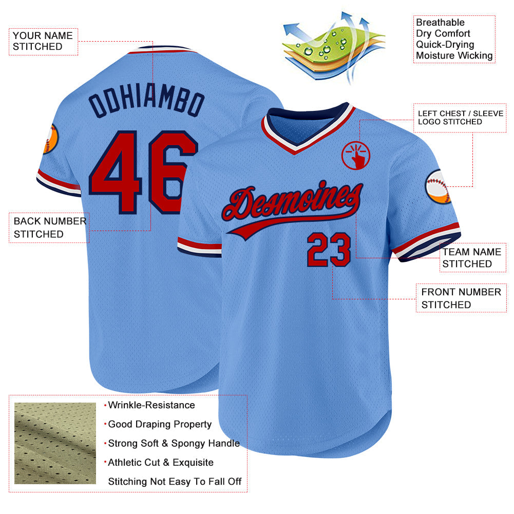 Custom Light Blue Red-Navy Authentic Throwback Baseball Jersey baseball jersey product view 3