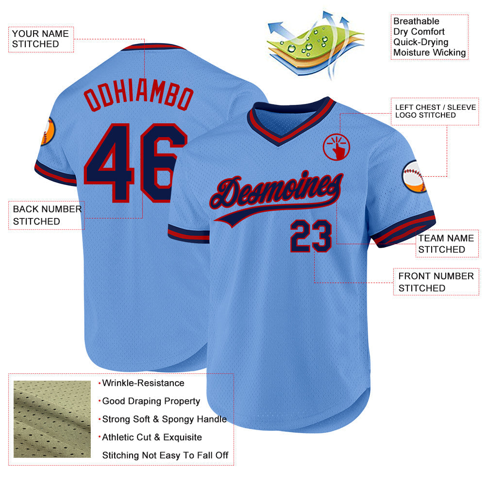 Custom Light Blue Navy-Red Authentic Throwback Baseball Jersey baseball jersey product view 3