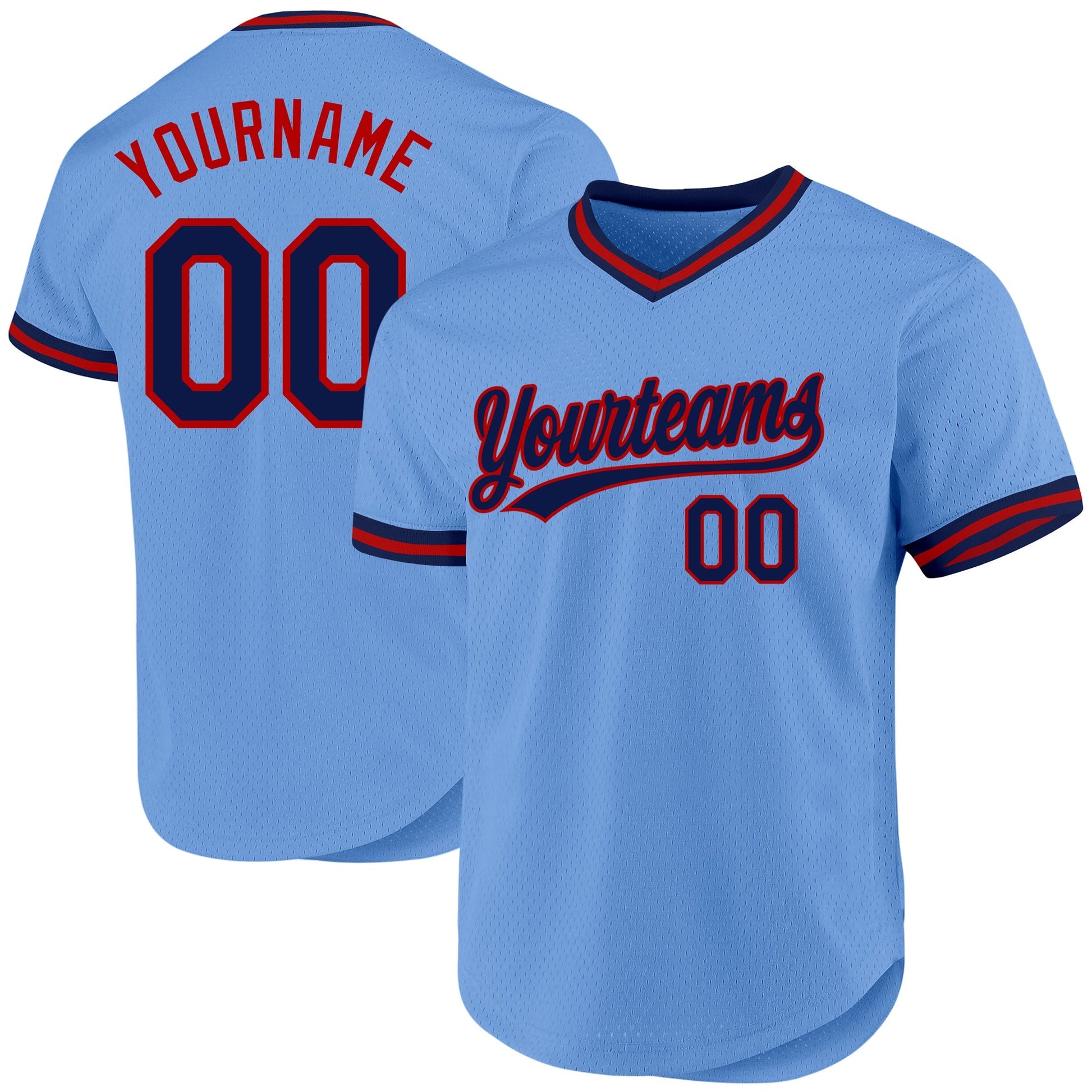 Custom Light Blue Navy-Red Authentic Throwback Baseball Jersey baseball jersey product view 1