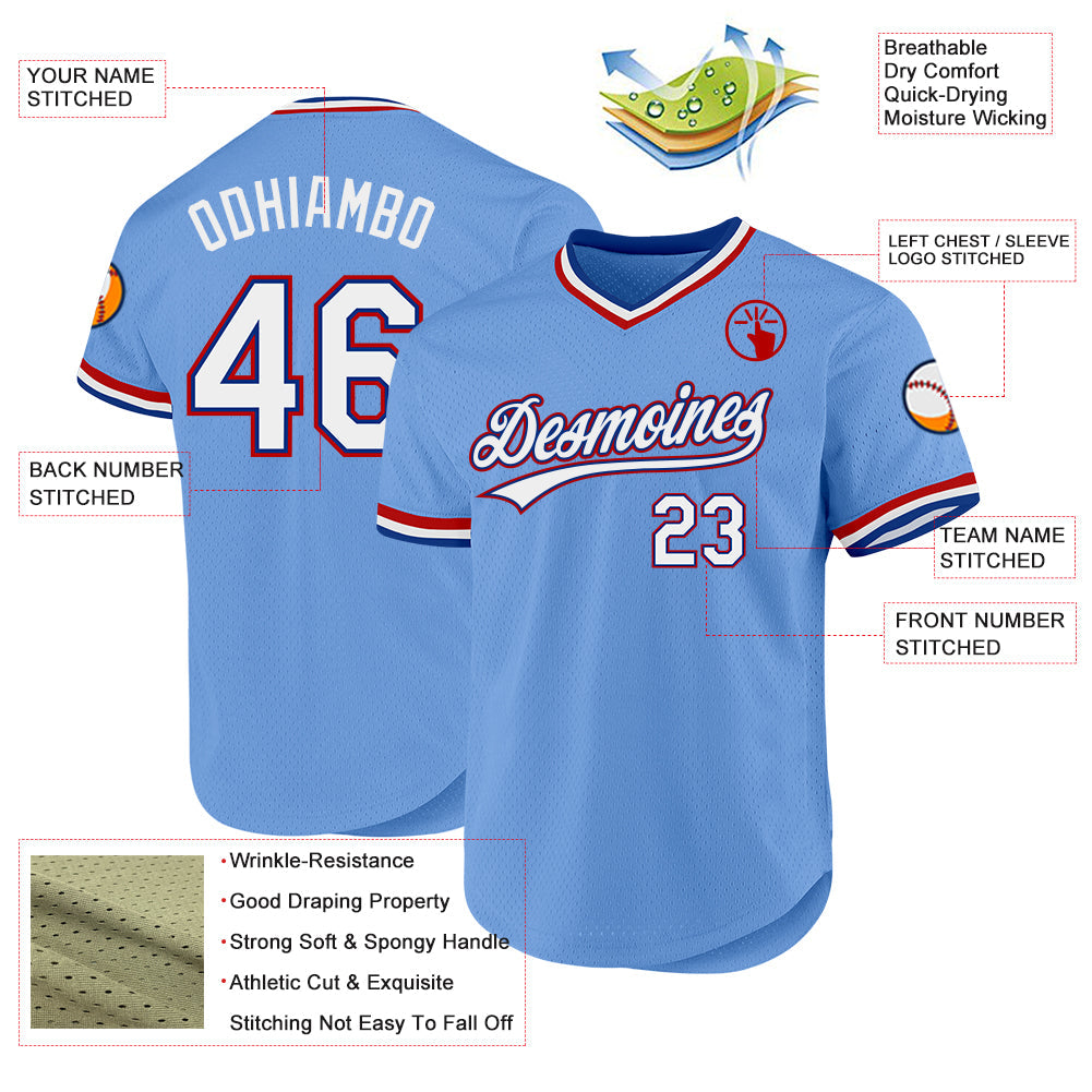 Custom Light Blue Royal-Red Authentic Throwback Baseball Jersey baseball jersey product view 3