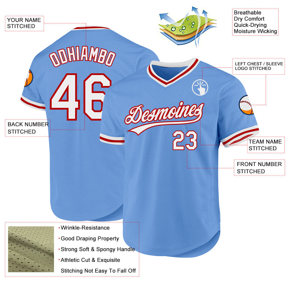Custom Light Blue White-Red Authentic Throwback Baseball Jersey baseball jersey product view 3