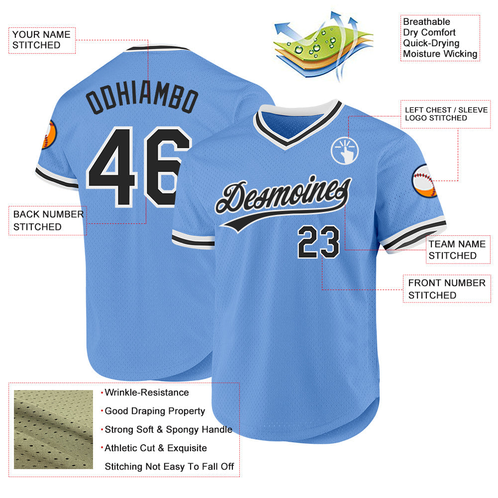 Custom Light Blue Black-White Authentic Throwback Baseball Jersey baseball jersey product view 3