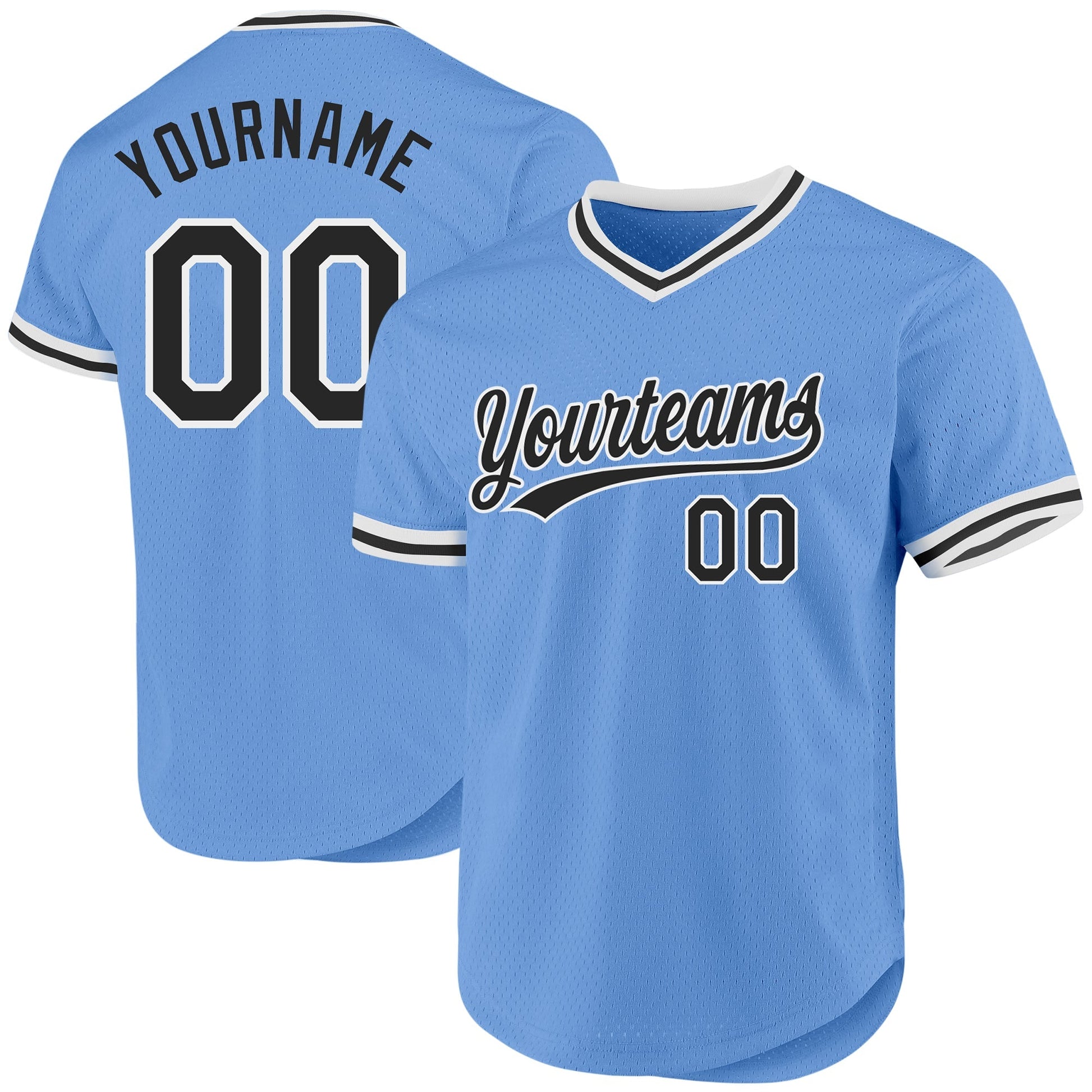 Custom Light Blue Black-White Authentic Throwback Baseball Jersey baseball jersey product view 1