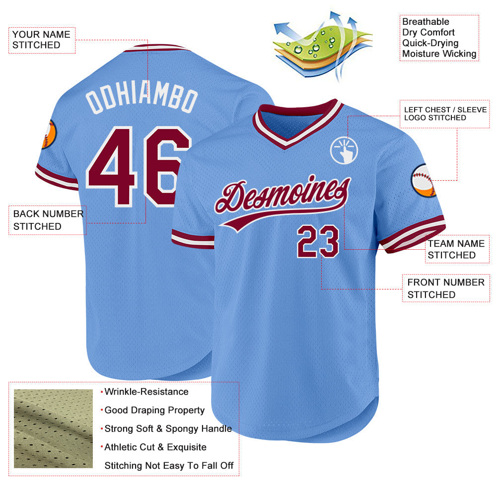 Custom Light Blue Maroon-White Authentic Throwback Baseball Jersey baseball jersey product view 3