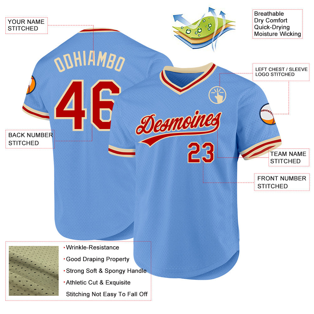 Custom Light Blue Red-Cream Authentic Throwback Baseball Jersey baseball jersey product view 3