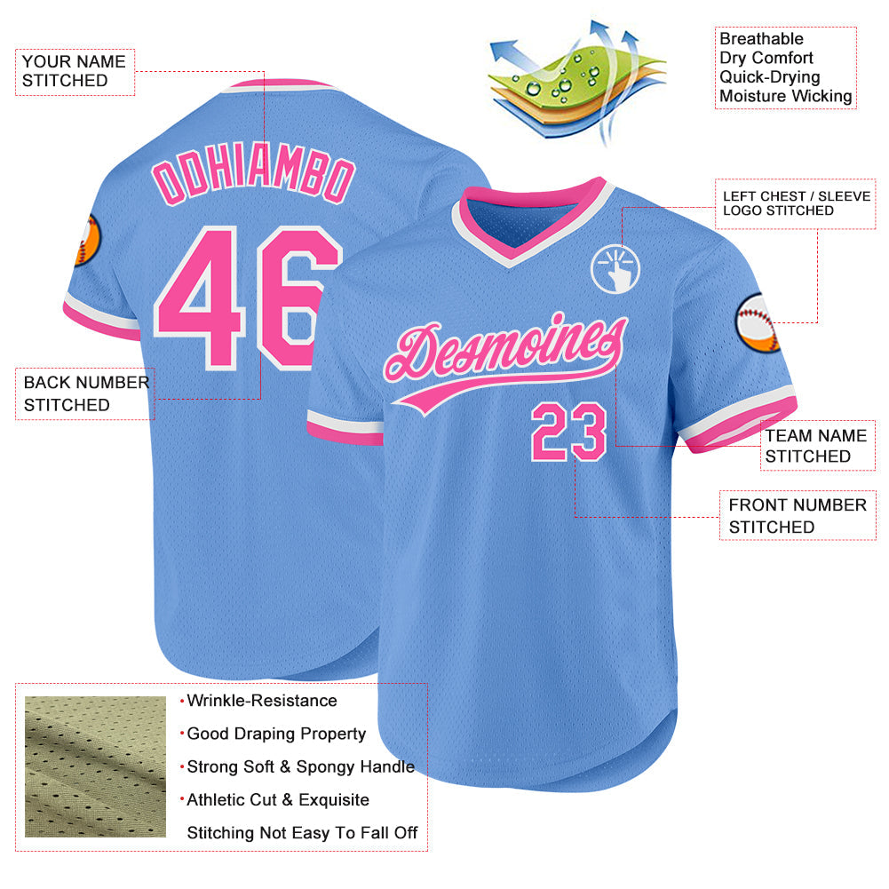 Custom Light Blue Pink-White Authentic Throwback Baseball Jersey baseball jersey product view 3