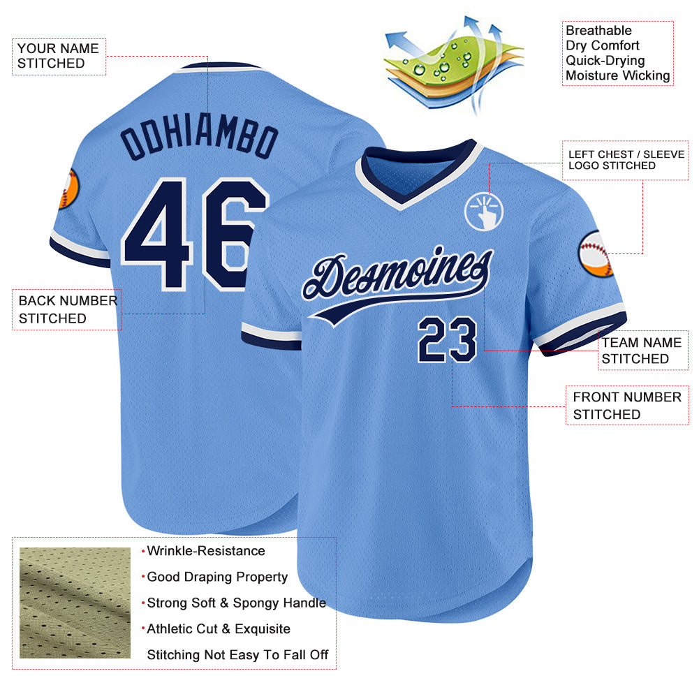 Custom Light Blue Navy-White Authentic Throwback Baseball Jersey baseball jersey product view 3