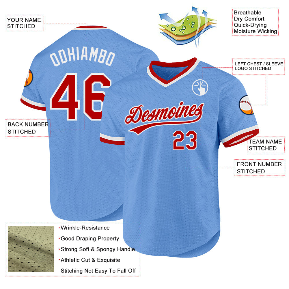 Custom Light Blue Red-White Authentic Throwback Baseball Jersey baseball jersey product view 3