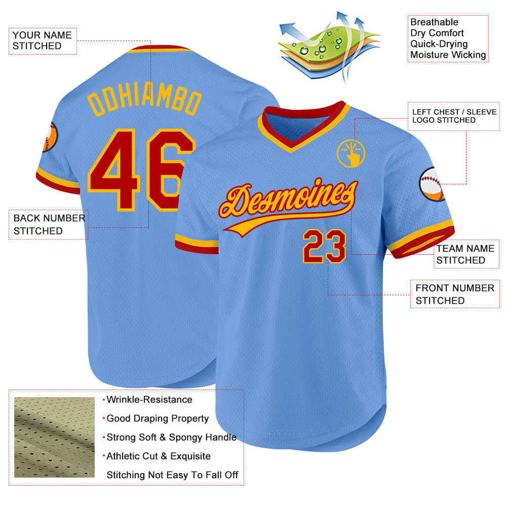 Custom Light Blue Red-Gold Authentic Throwback Baseball Jersey baseball jersey product view 3