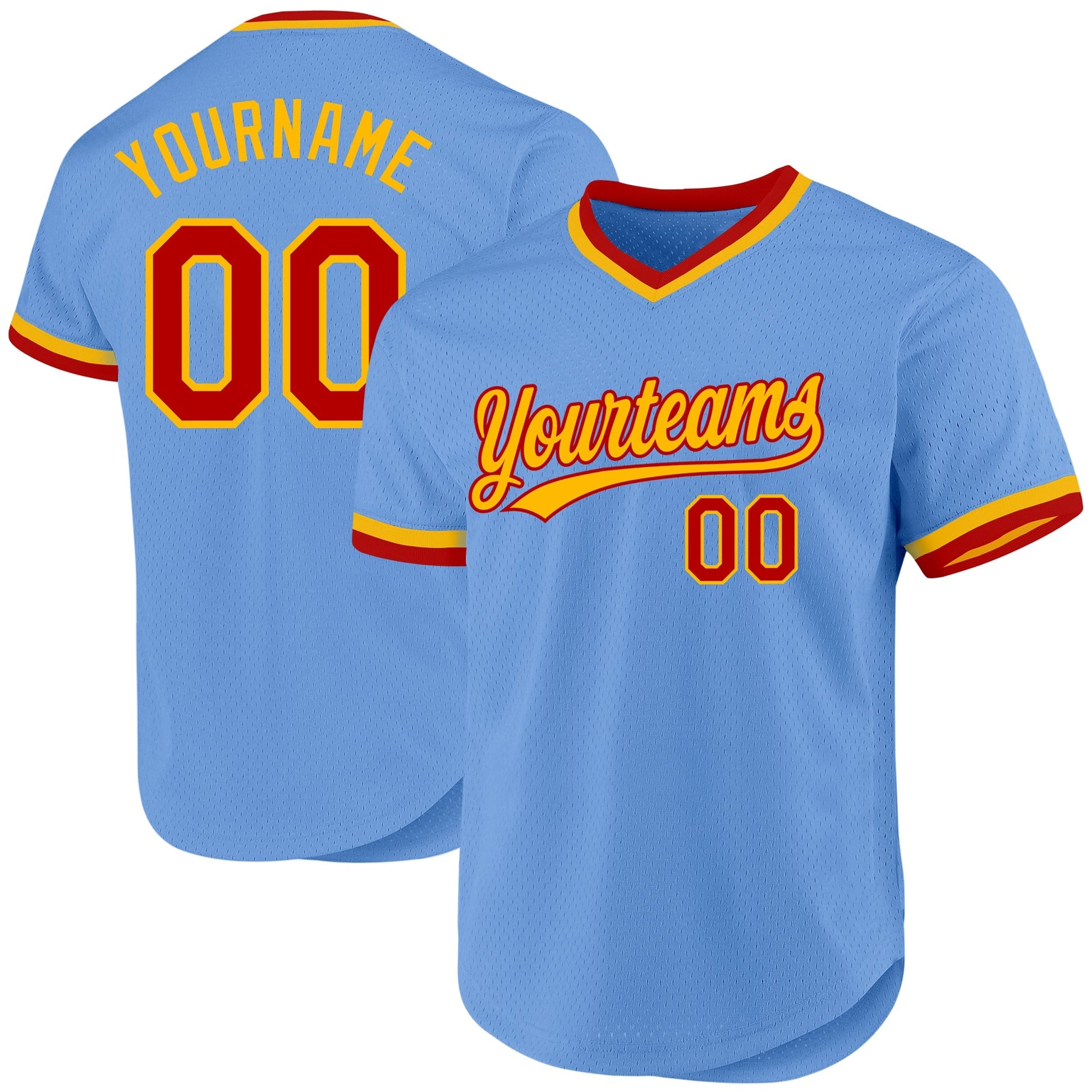 Custom Light Blue Red-Gold Authentic Throwback Baseball Jersey baseball jersey product view 1