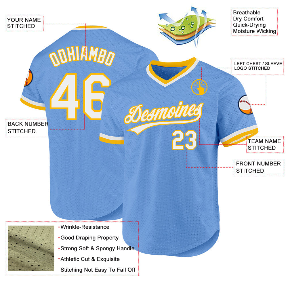 Custom Light Blue White-Gold Authentic Throwback Baseball Jersey baseball jersey product view 3