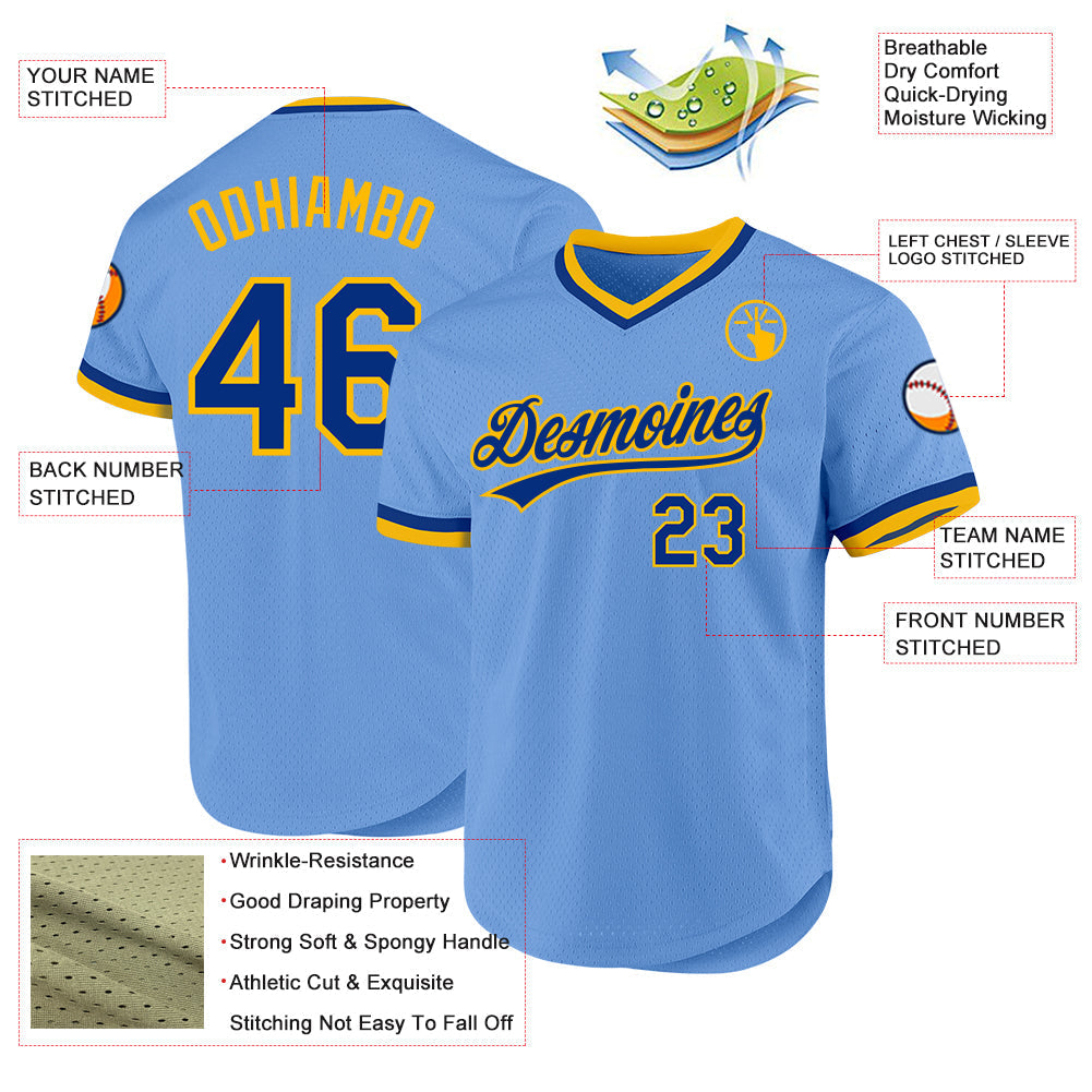 Custom Light Blue Royal-Gold Authentic Throwback Baseball Jersey baseball jersey product view 3