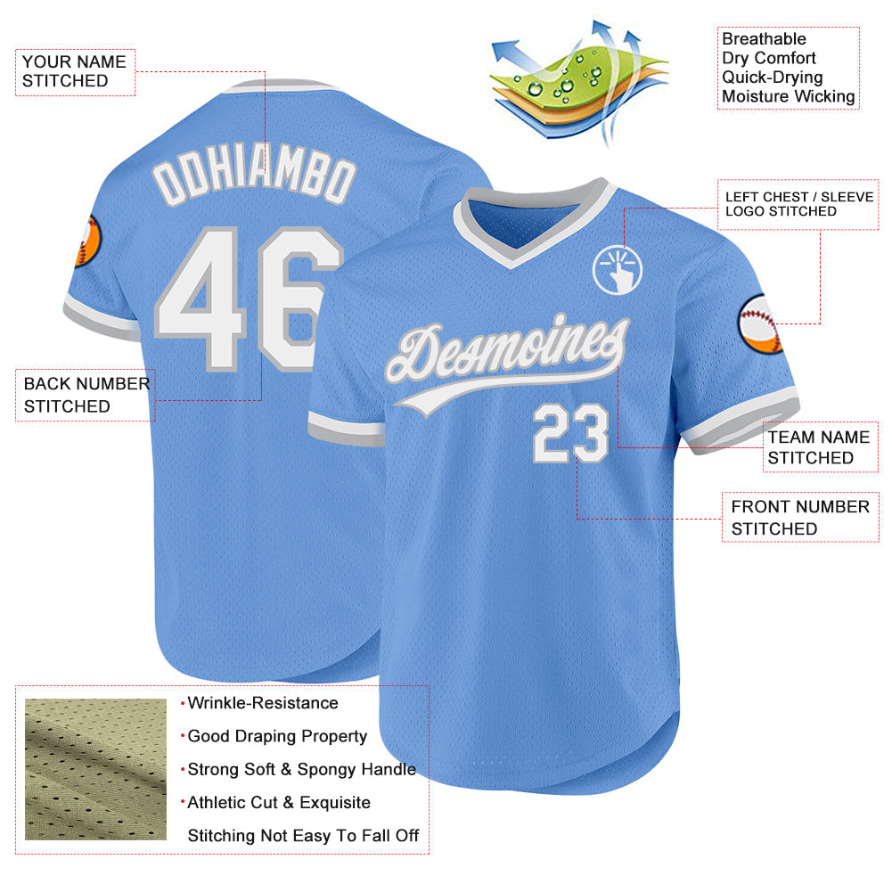Custom Light Blue White-Gray Authentic Throwback Baseball Jersey baseball jersey product view 3