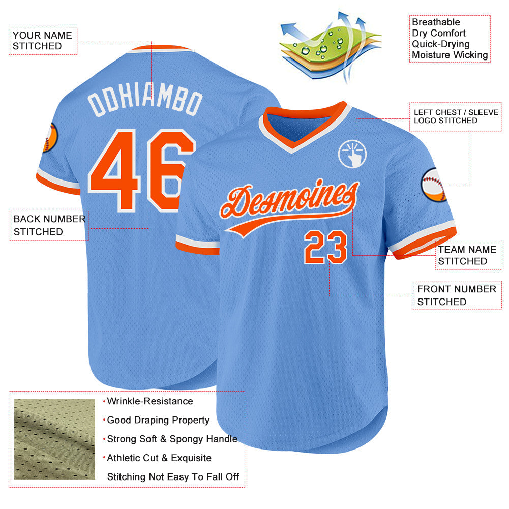 Custom Light Blue Orange-White Authentic Throwback Baseball Jersey baseball jersey product view 3