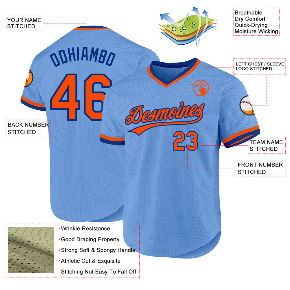 Custom Light Blue Orange-Royal Authentic Throwback Baseball Jersey baseball jersey product view 3