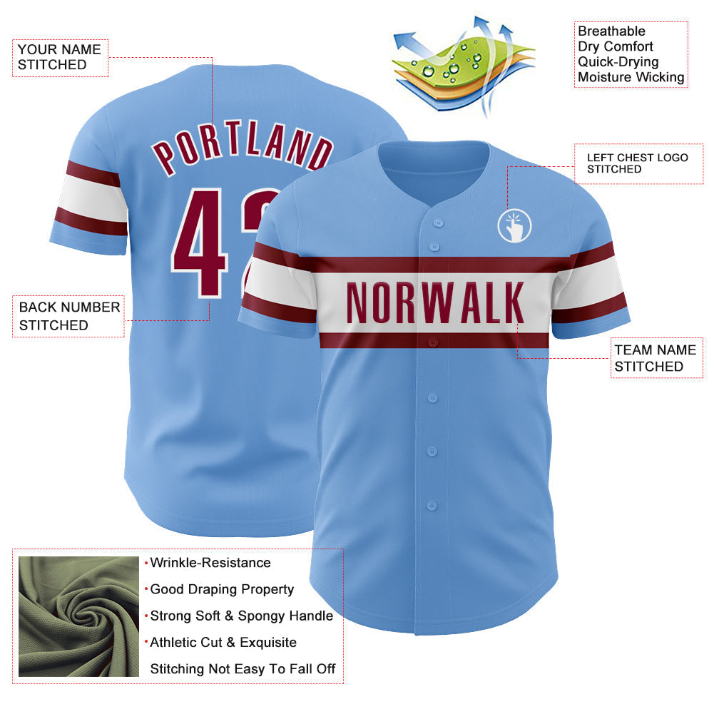 Custom Light Blue Maroon-White Authentic Baseball Jersey baseball jersey product view 3