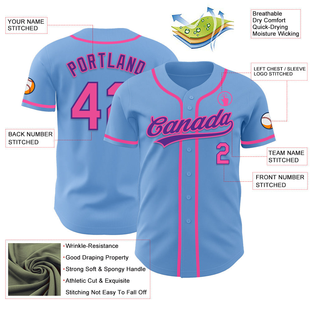 Custom Light Blue Pink-Purple Authentic Baseball Jersey baseball jersey product view 3