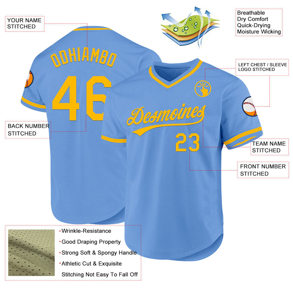 Custom Light Blue Gold Authentic Throwback Baseball Jersey baseball jersey product view 3