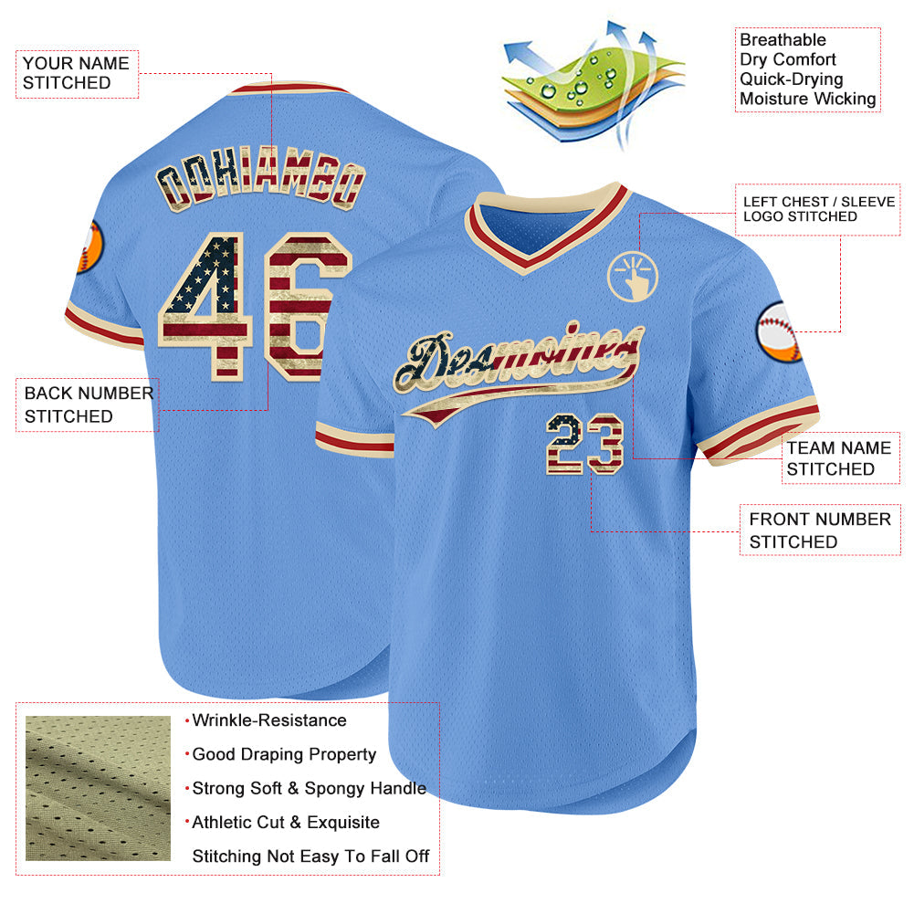 Custom Light Blue Vintage USA Flag Cream-Red Authentic Throwback Baseball Jersey baseball jersey product view 3