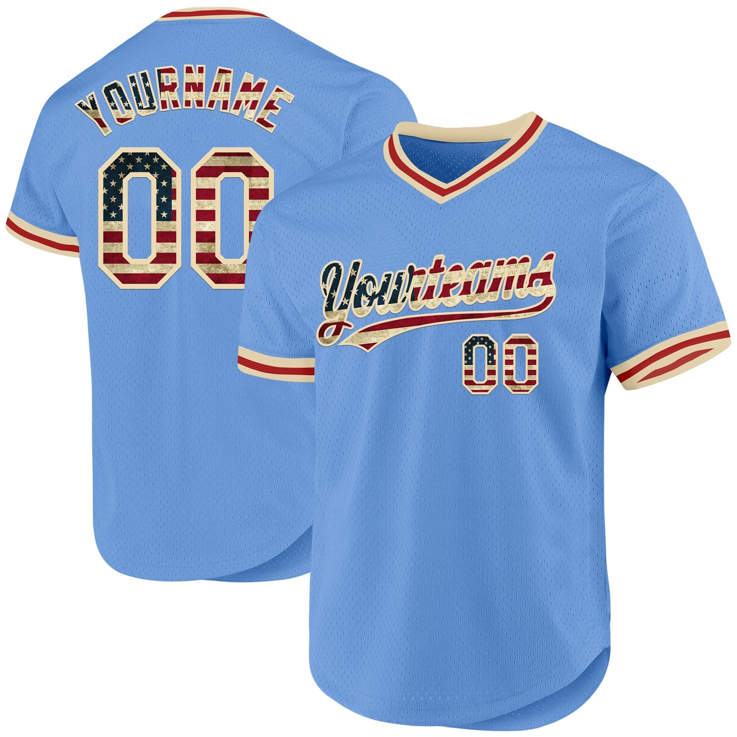 Custom Light Blue Vintage USA Flag Cream-Red Authentic Throwback Baseball Jersey baseball jersey product view 1