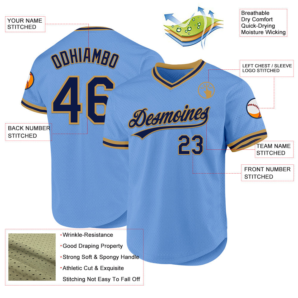 Custom Light Blue Navy-Old Gold Authentic Throwback Baseball Jersey baseball jersey product view 3