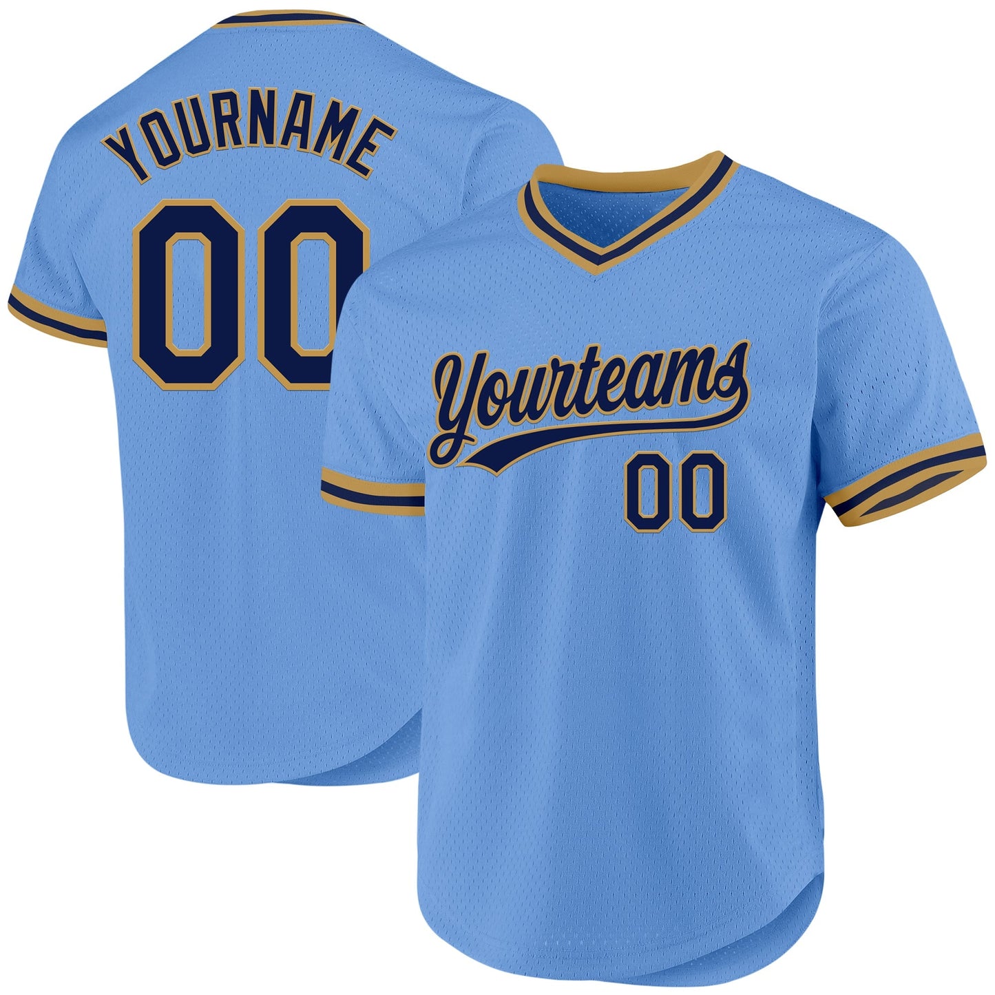 Custom Light Blue Navy-Old Gold Authentic Throwback Baseball Jersey baseball jersey product view 1