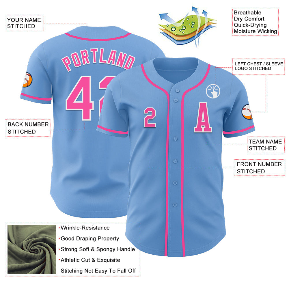 Custom Light Blue Pink-White Authentic Baseball Jersey baseball jersey product view 2