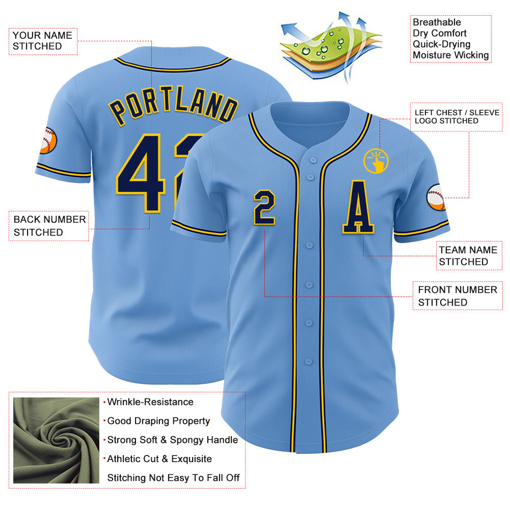 Custom Light Blue Navy-Yellow Authentic Baseball Jersey baseball jersey product view 2