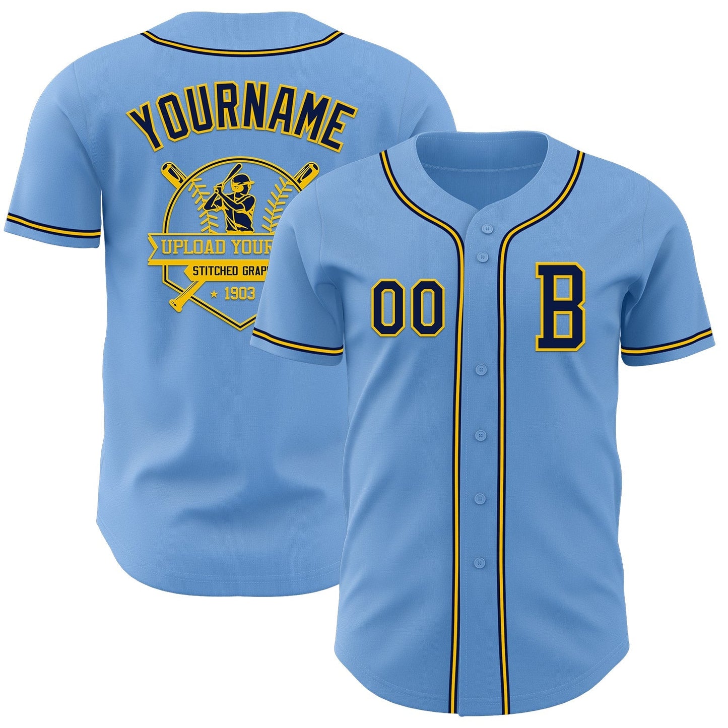 Custom Light Blue Navy-Yellow Authentic Baseball Jersey baseball jersey product view 5