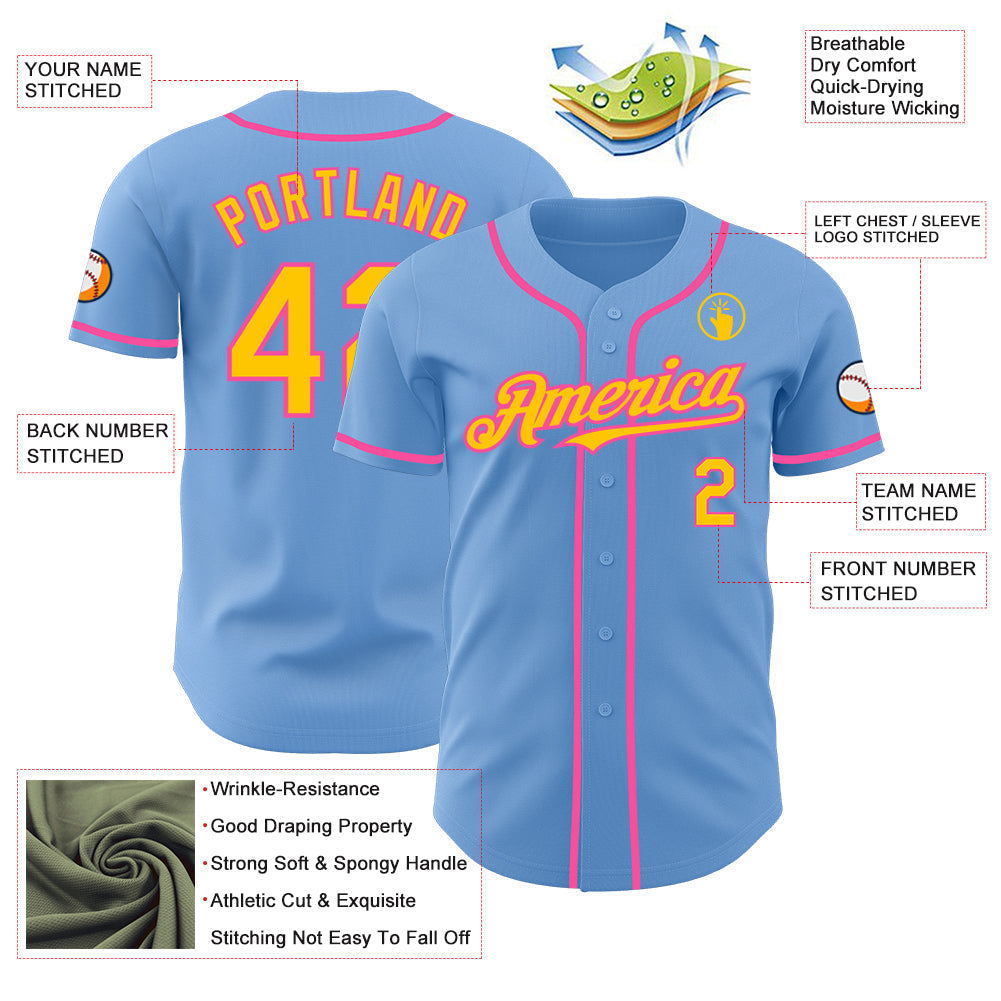 Custom Light Blue Yellow-Pink Authentic Baseball Jersey baseball jersey product view 3