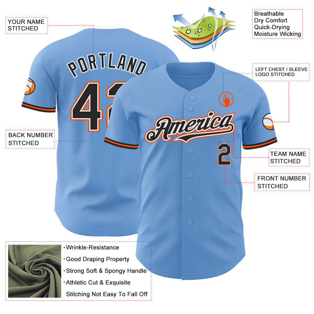Custom Light Blue Black White-Orange Authentic Baseball Jersey baseball jersey product view 3