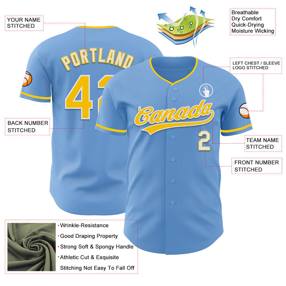 Custom Light Blue Yellow-White Authentic Baseball Jersey baseball jersey product view 3