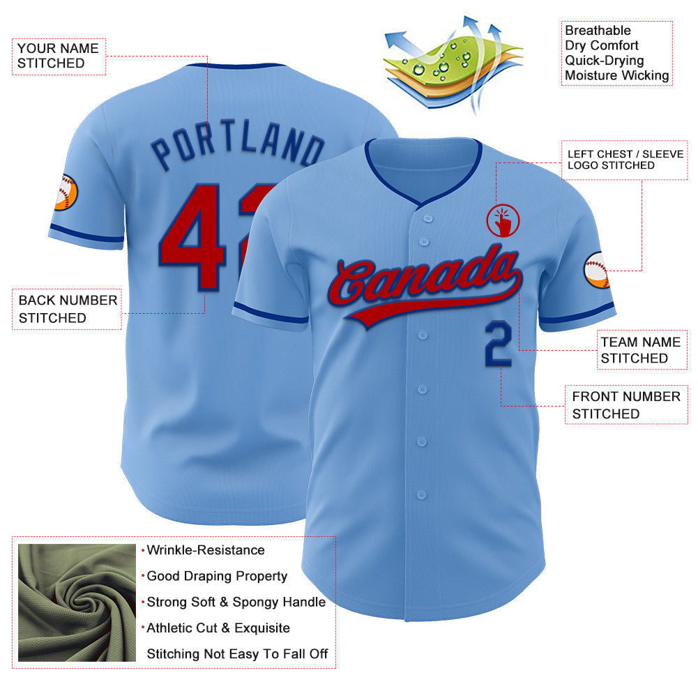 Custom Light Blue Red-Royal Authentic Baseball Jersey baseball jersey product view 3