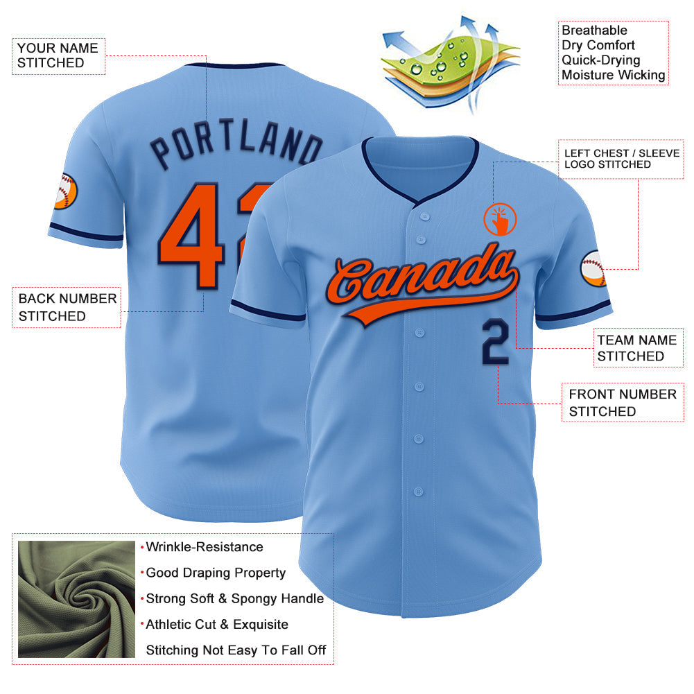 Custom Light Blue Orange-Navy Authentic Baseball Jersey baseball jersey product view 3