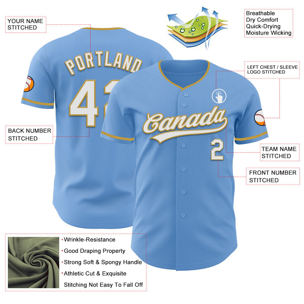 Custom Light Blue White-Old Gold Authentic Baseball Jersey baseball jersey product view 3