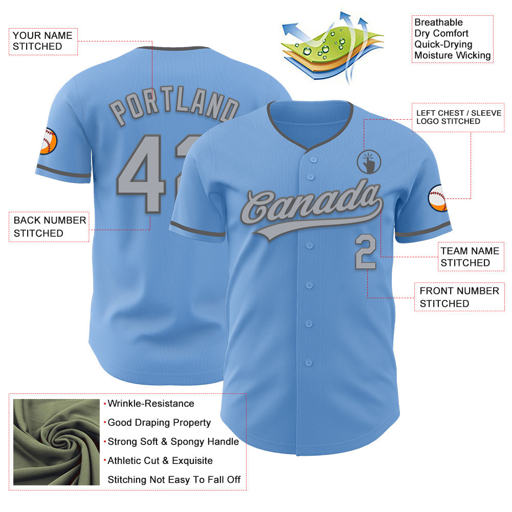 Custom Light Blue Gray-Steel Gray Authentic Baseball Jersey baseball jersey product view 3