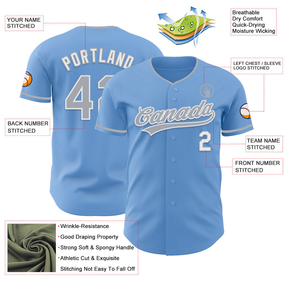 Custom Light Blue Gray-White Authentic Baseball Jersey baseball jersey product view 3