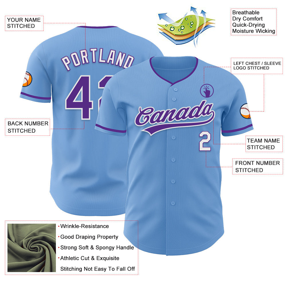 Custom Light Blue Purple-White Authentic Baseball Jersey baseball jersey product view 3