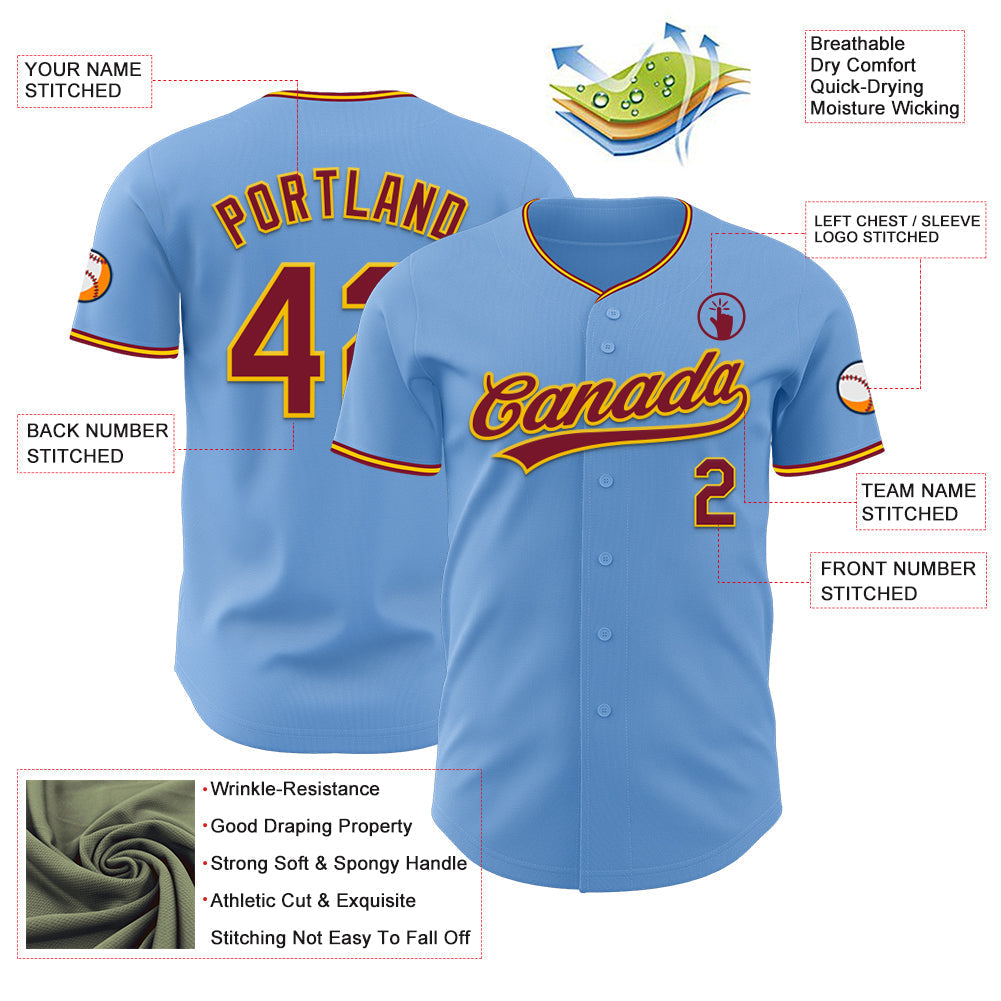 Custom Light Blue Crimson-Yellow Authentic Baseball Jersey baseball jersey product view 3