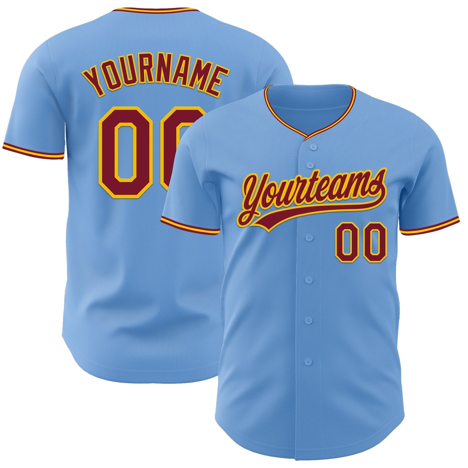 Custom Light Blue Crimson-Yellow Authentic Baseball Jersey baseball jersey product view 1