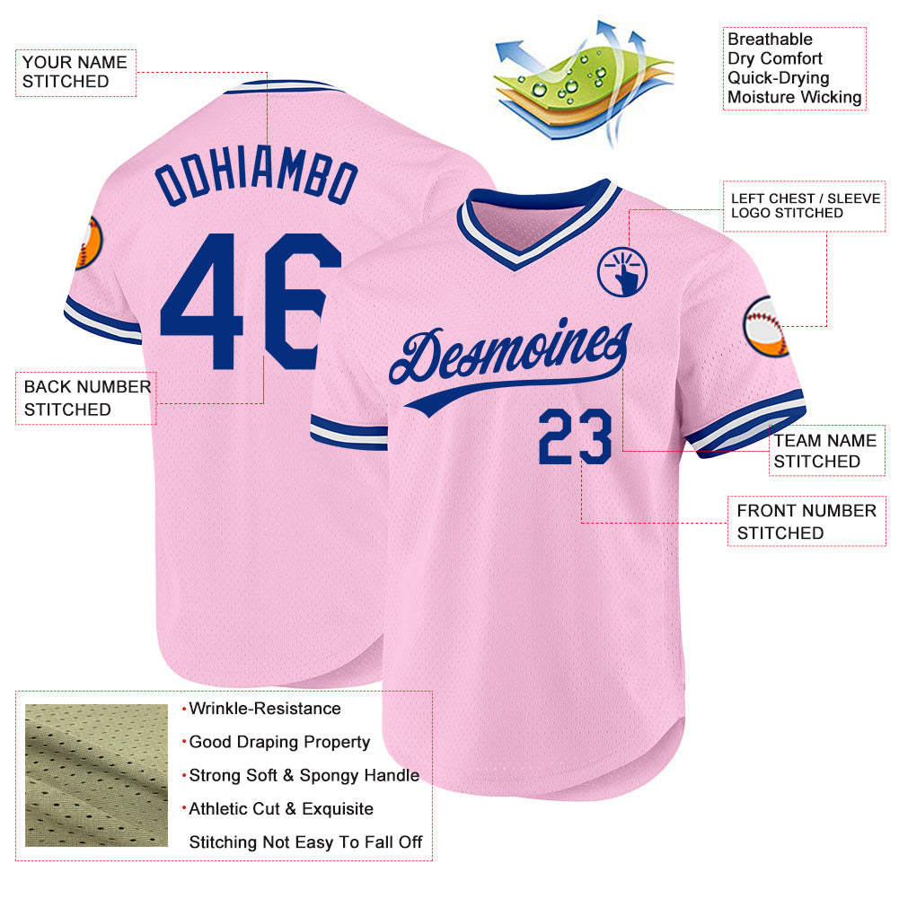 Custom Light Pink Royal-White Authentic Throwback Baseball Jersey baseball jersey product view 3