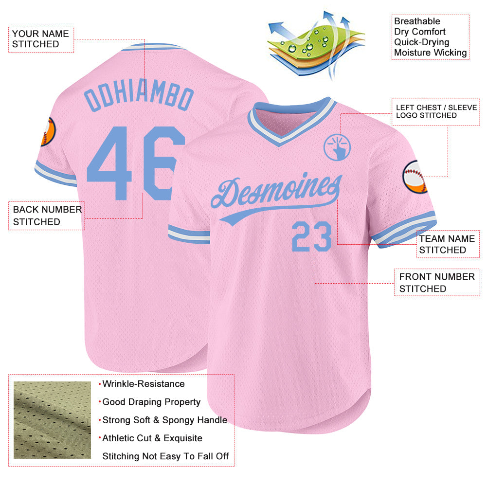 Custom Light Pink Light Blue-White Authentic Throwback Baseball Jersey baseball jersey product view 3