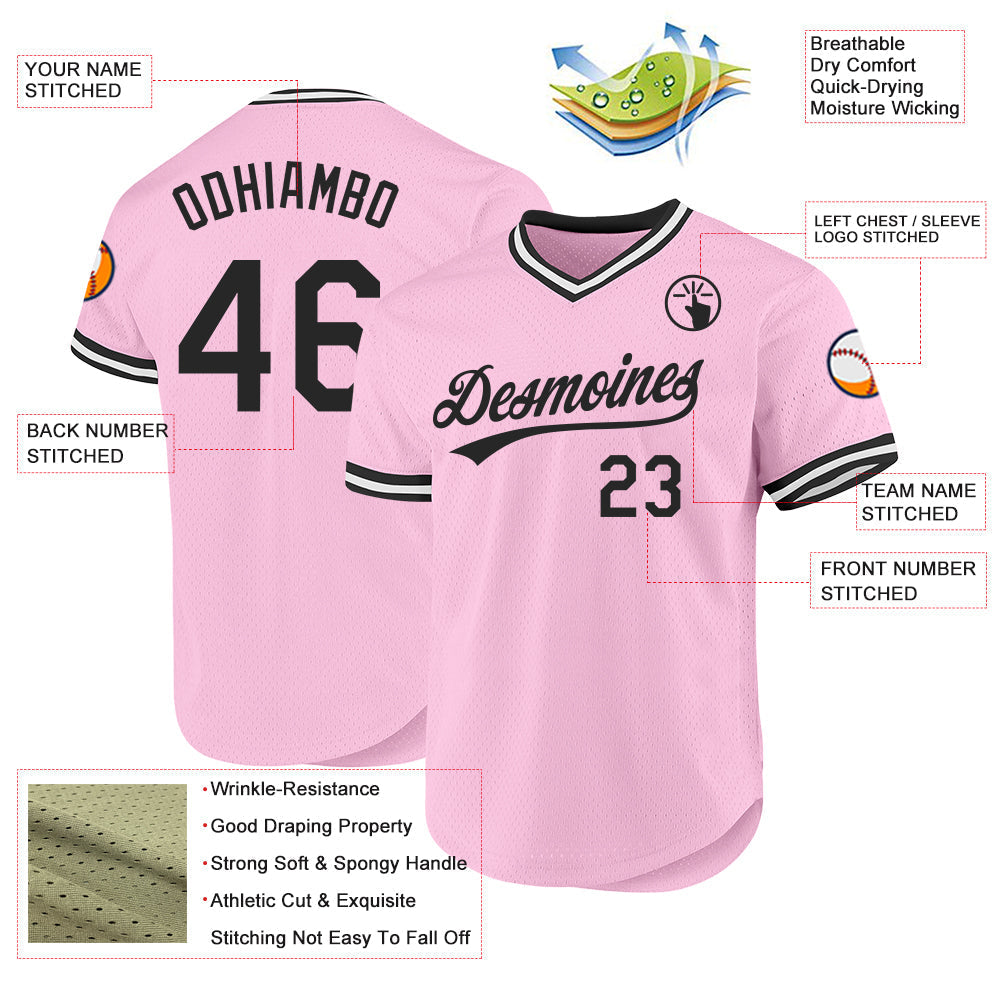 Custom Light Pink Black-White Authentic Throwback Baseball Jersey baseball jersey product view 3