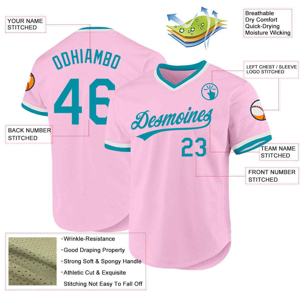Custom Light Pink Teal-White Authentic Throwback Baseball Jersey baseball jersey product view 3